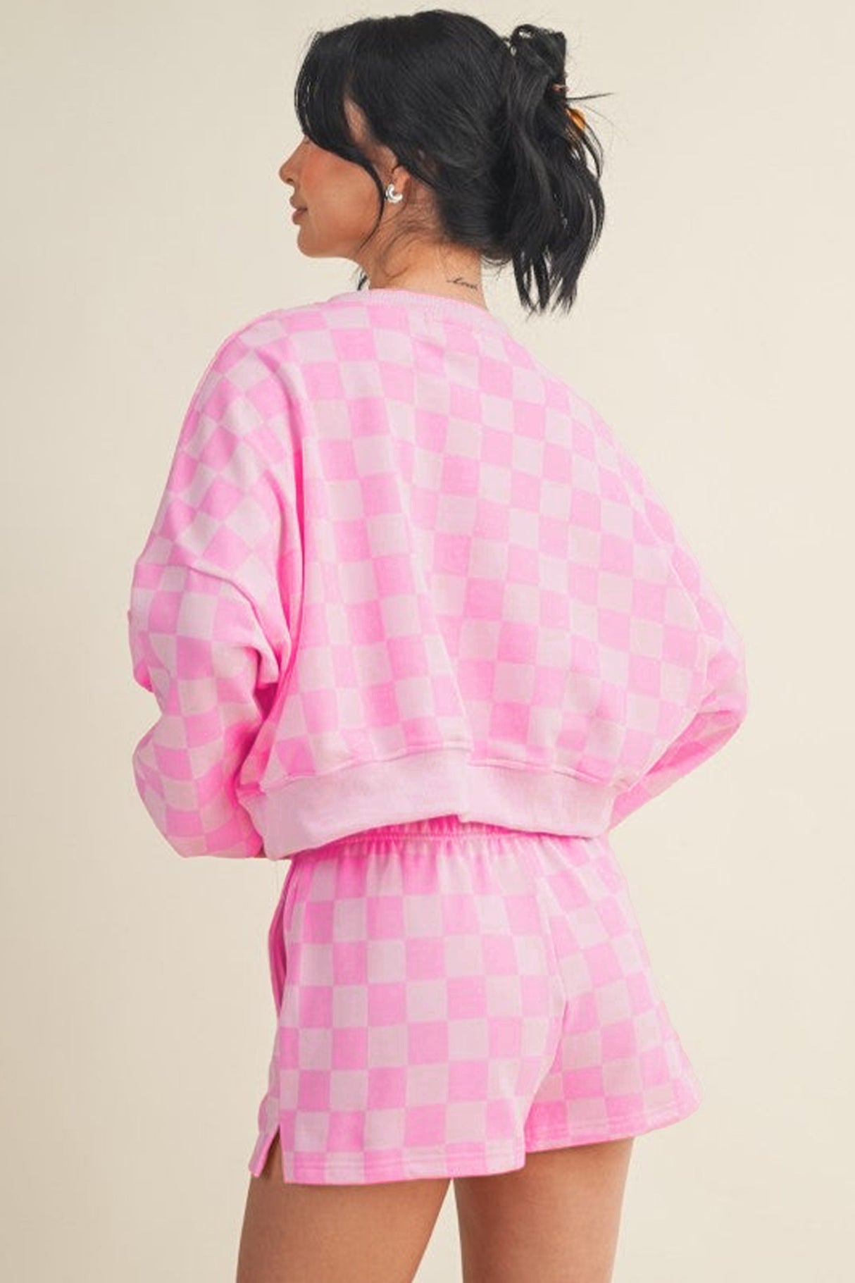 Checkered Long Sleeve Crop and Shorts Two Piece Set