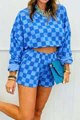 Checkered Long Sleeve Crop and Shorts Two Piece Set