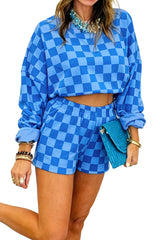 Checkered Long Sleeve Crop and Shorts Two Piece Set